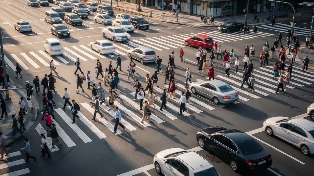 Busy Urban Intersection with Pedestrians and Vehicles in Motion Captured from Above, Showcasing the Dynamic Interplay Between Traffic and People Crossing Streets