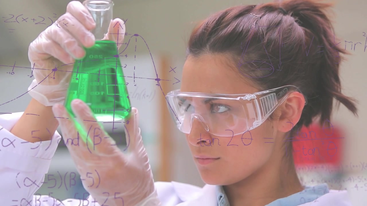 Animation of mathematical equations over female scientist with beaker