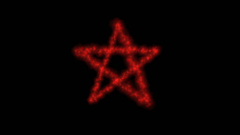 red sparkling pentagram star animation, symbol of satanism, analog noise, black background