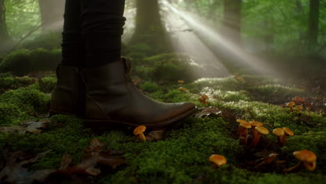 person with boots in a mossy forest with mushrooms
