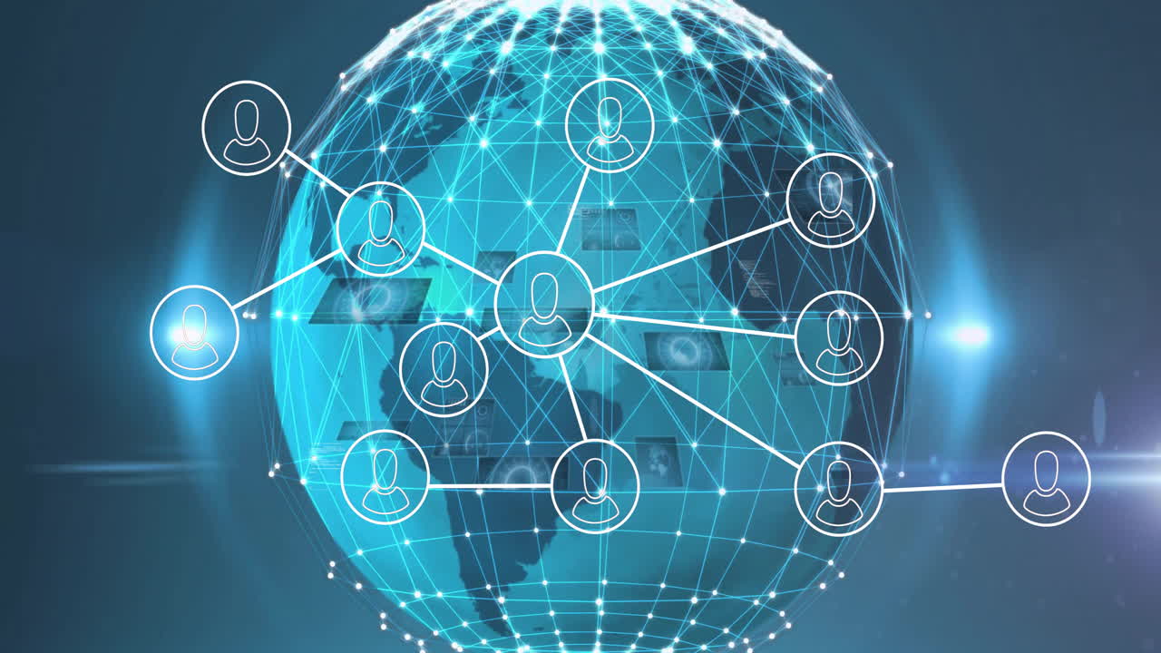 글로벌 네트워크를 통해 사람들의 네트워크 아이콘의 애니메이션과 어두운 배경의 조명