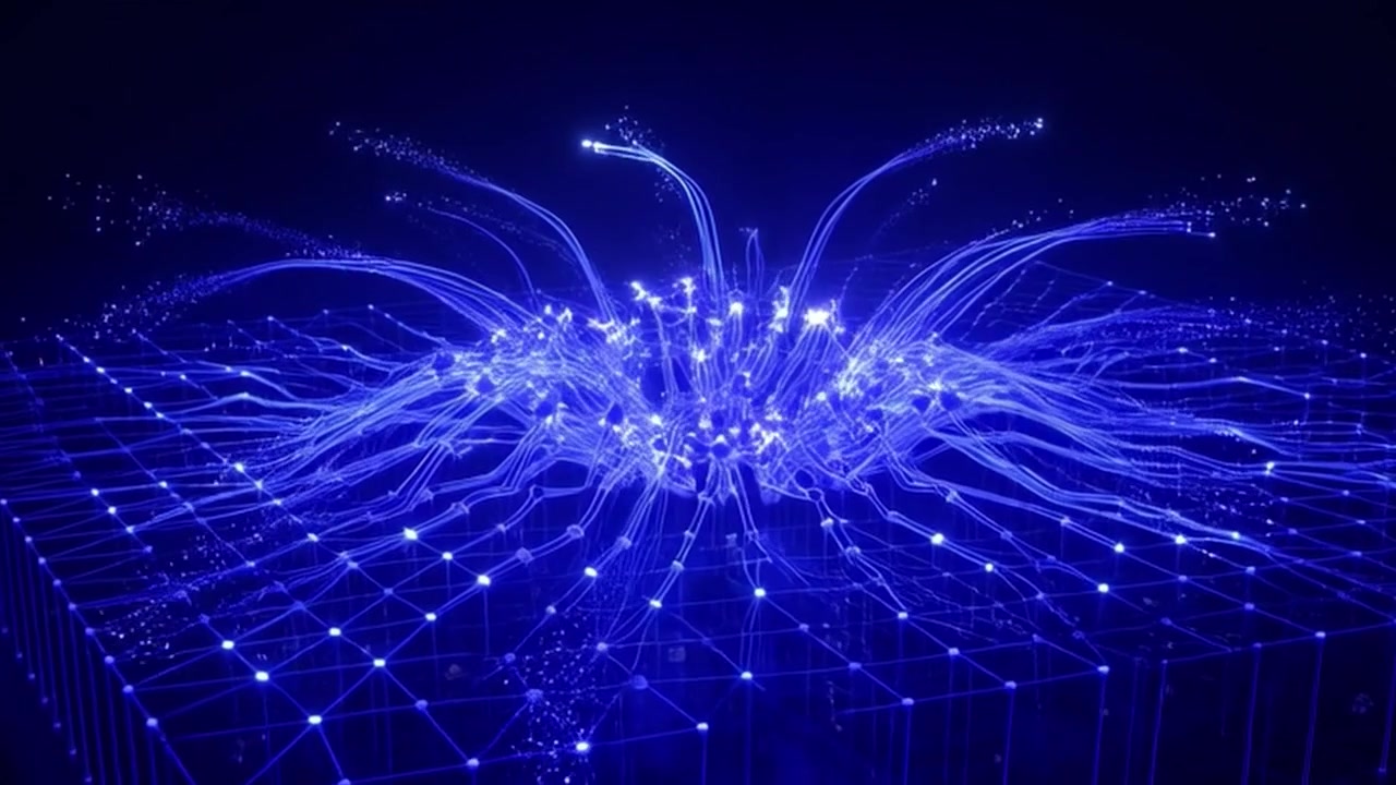 Abstract Digital Network Visualization with Glowing Blue Data Streams