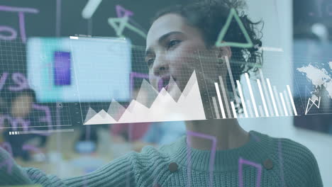 animation of financial data processing over biracial businesswoman in office