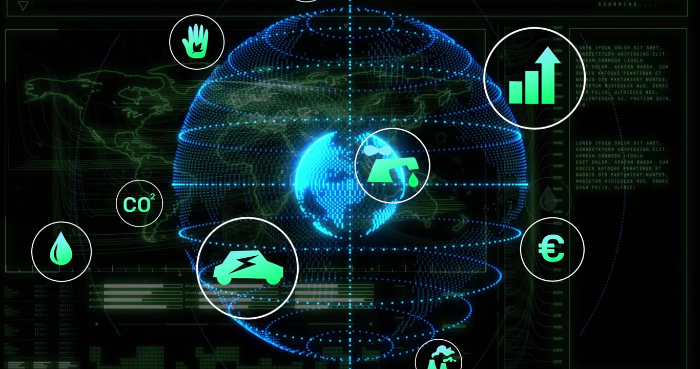 On load holo globe rotating while green icons orbiting, pulsing, showing CO2 and water metrics