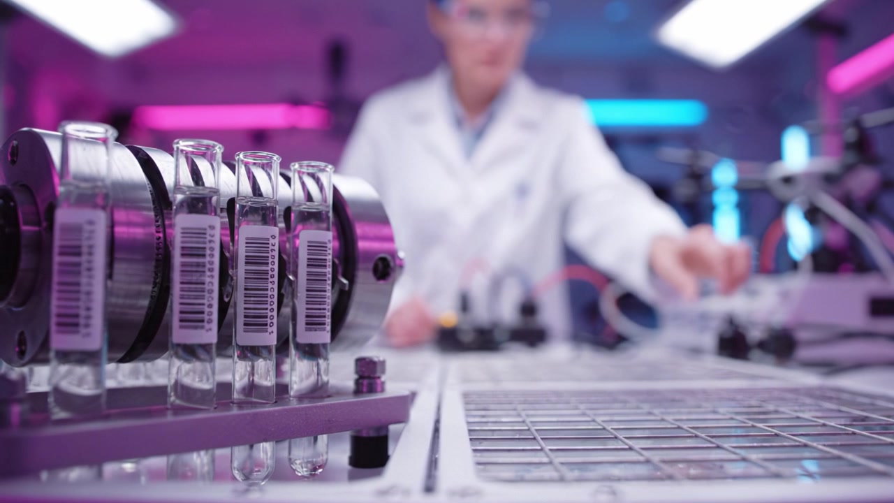 Focus op laboratoriumflesjes in een hightech onderzoeksfaciliteit met een wetenschapper aan het werk, waarbij wetenschap, innovatie en technologische vooruitgang in moderne laboratoria worden benadrukt.