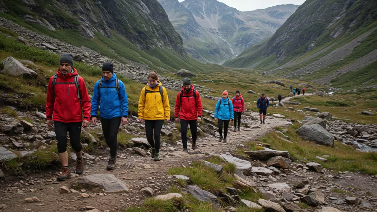 Group of Hikers Trekking Along a Scenic Mountain Trail Surrounded by Lush Greenery and Majestic Rocky Peaks, Enjoying the Beauty of Nature