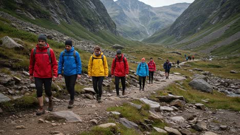 group of hikers trekking along a scenic mountain trail surrounded by lush greenery and majestic rocky peaks, enjoying the beauty of nature