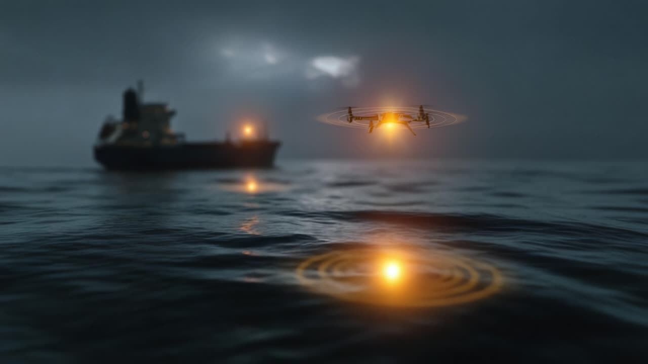 Un drone sorvola un mare scuro vicino a una nave di notte. Luci calde si riflettono sulla superficie dell'acqua. L'atmosfera nebbiosa aggiunge mistero. Ideale per temi di soccorso marittimo, sorveglianza o tecnologia.