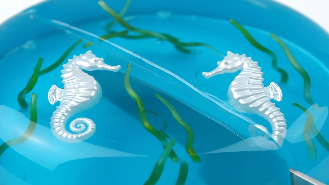 Seahorses in blue water with seaweed