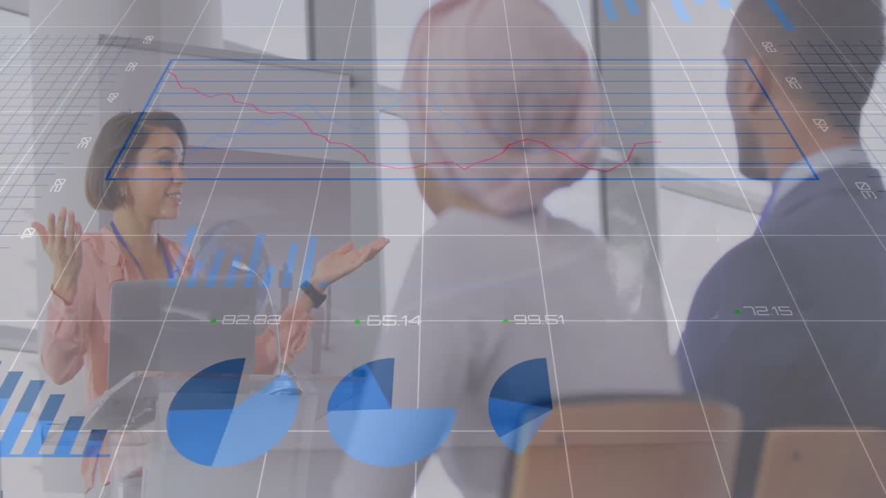 Presenting data charts and graphs, businesswoman using animation in school meeting