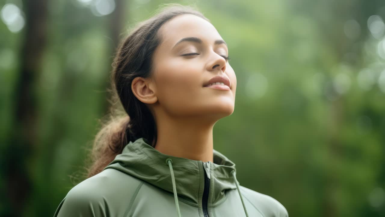 A serene video still of a woman in a green jacket, captured from a low angle, looking upwards amidst