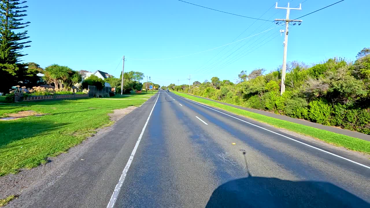 A car journey along a sunny, tree-lined road in Bellarine, Victoria, showcasing serene landscapes and clear skies