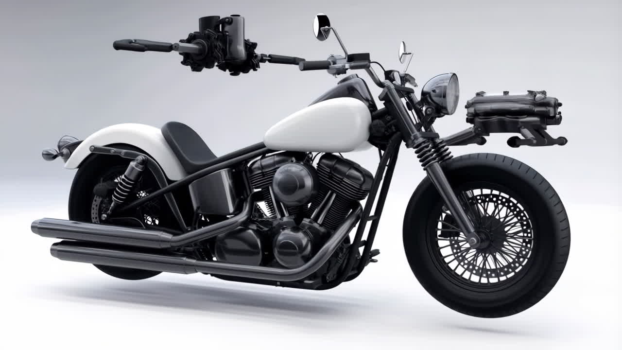 A white and black custom motorcycle in a studio setting