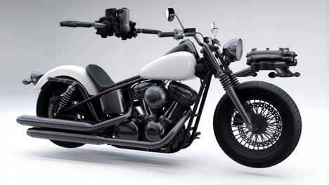 a white and black custom motorcycle in a studio setting