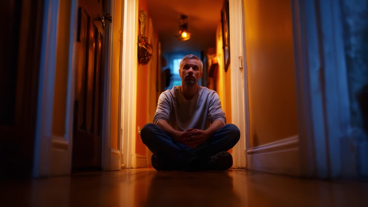 Um momento contemplativo capturado em um corredor com iluminação quente, mostrando uma figura solitária sentada tranquilamente no chão, iluminada por uma luz ambiente suave.