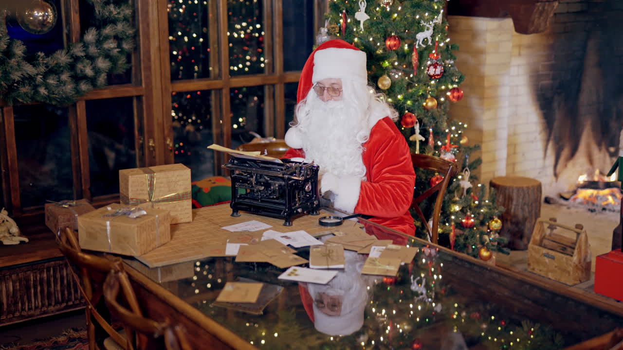 Santa Claus with white beard and red costume is printing a letter in his residence. Father Christmas writes holiday card on the background of a christmas tree and a fireplace indoors.