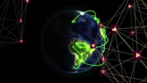 animación de la red de conexiones con iconos en todo el mundo sobre fondo negro