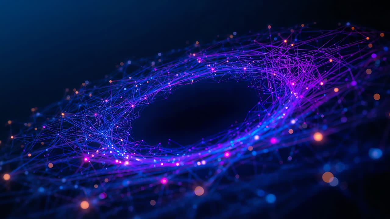 Pulsing torus around void shifting mesh, lighting nodes and sending sparks among orange bokeh in 3D