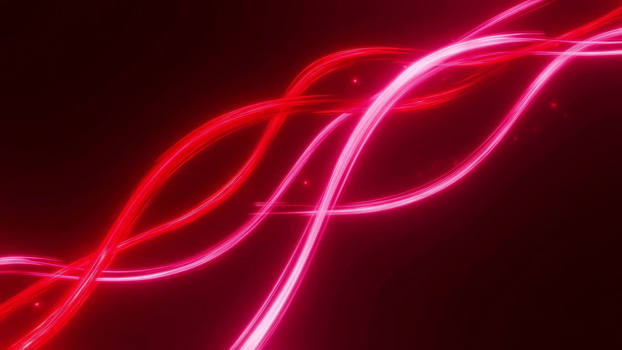 Abstrakte Neonbänder biegen und winden sich über einen tiefschwarzen Hintergrund, wodurch eine futuristische Stimmung mit leuchtend roten Akzenten, sanftem Leuchten, starkem Kontrast und fließender visueller Energie entsteht, mit Neon, Rot, Licht