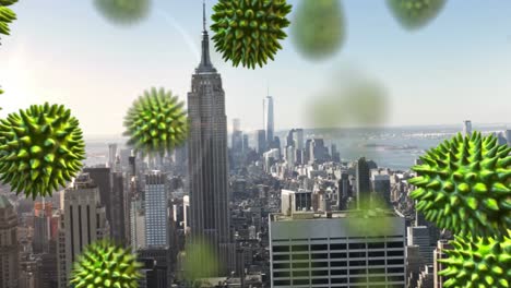 animation of virus cells over cityscape