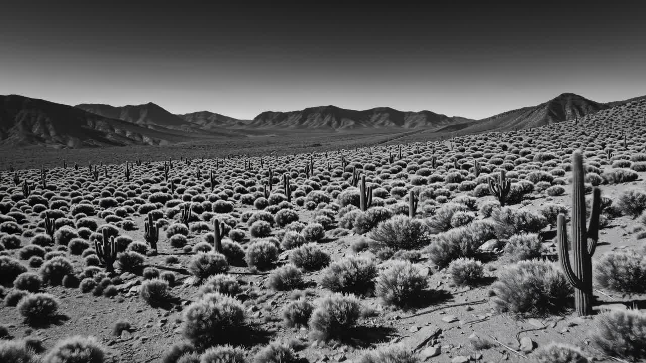 Aerial video view of a vast desert landscape with cacti and shrubs under a dramatic sky