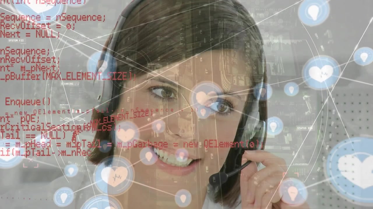 Animação de conexões com ícones sobre empresária usando fone de ouvido