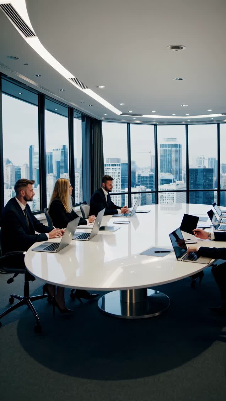 High-angle video shot of a modern conference room with professionals in a meeting, large windows