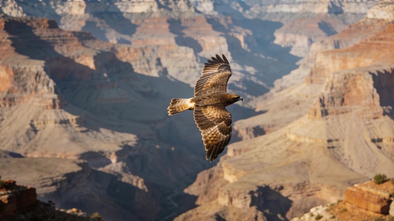 Grande rapace che plana, alzando la punta dell'ala e ripiegando il corpo, virando a destra sopra le scogliere illuminate dal sole di un canyon