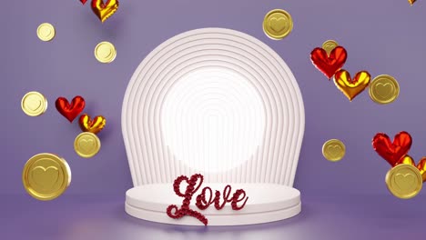 Muestre-El-Producto-Con-Fondo-De-Corazón-En-Monedas-De-Oro-Y-Globos-Y-Cartas-De-Amor-Para-La-Celebración-De-San-Valentín,-Aventura-De-Pareja-Romántica,-Representación-De-Animación,-Comercio-Electrónico,-Tienda-En-Línea.