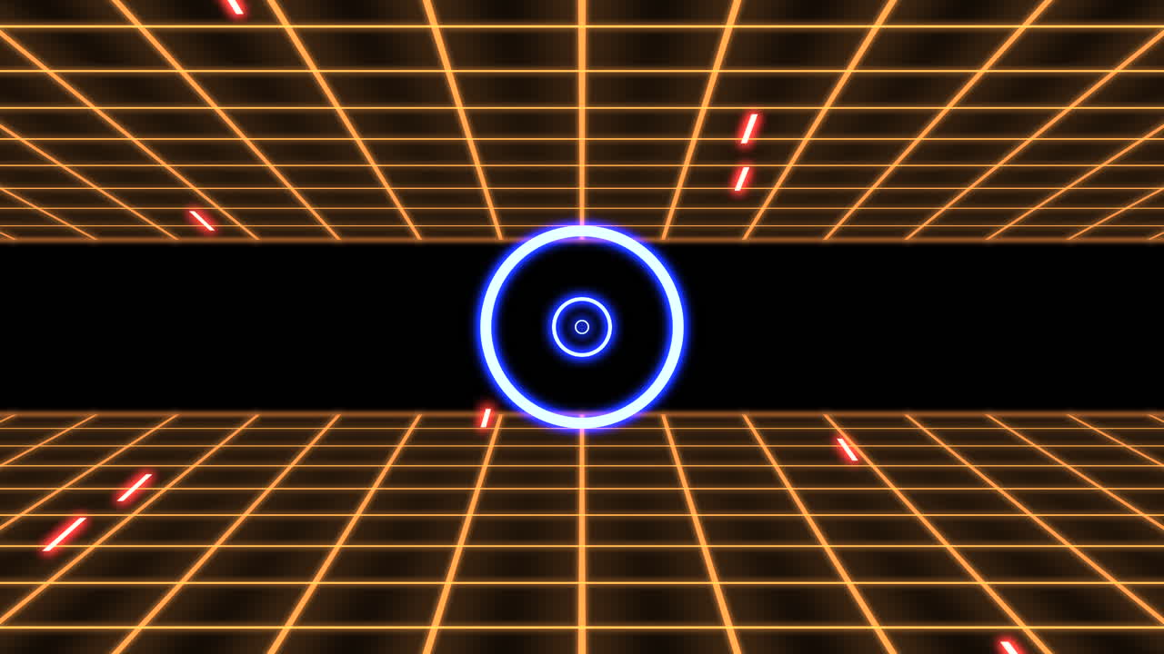 rejilla amarilla de neón con anillos azules en galaxia oscura en estilo de los años 80