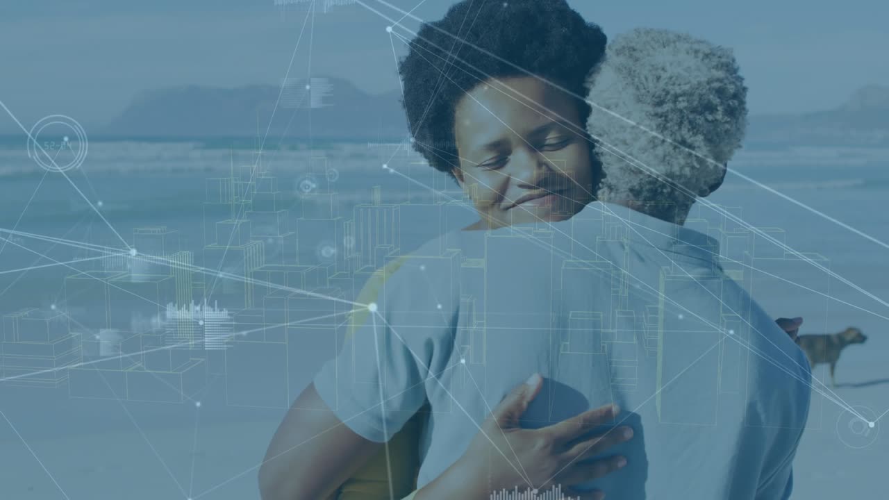 Animation of connections over happy african american grandfather and granddaughter embracing