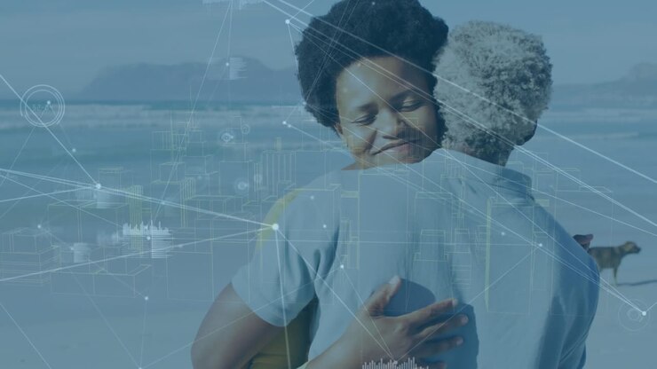 Animation of connections over happy african american grandfather and granddaughter embracing