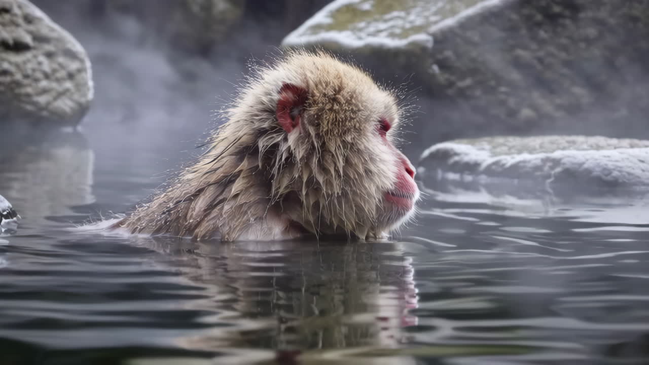 A Japanese Macaque (Snow Monkey) relaxing in a hot spring in winter