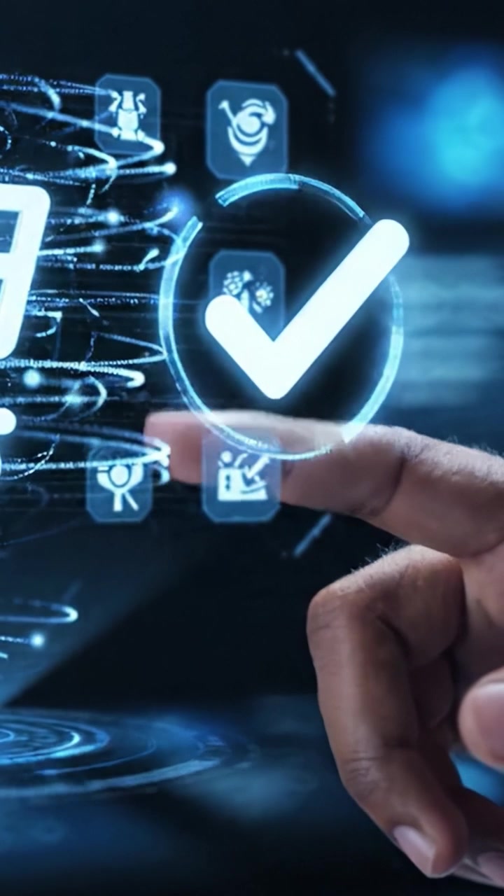 Interagire con la tecnologia innovativa: una vista ravvicinata di una mano con icone digitali e rappresentazioni visive di dati in un'interfaccia futuristica.