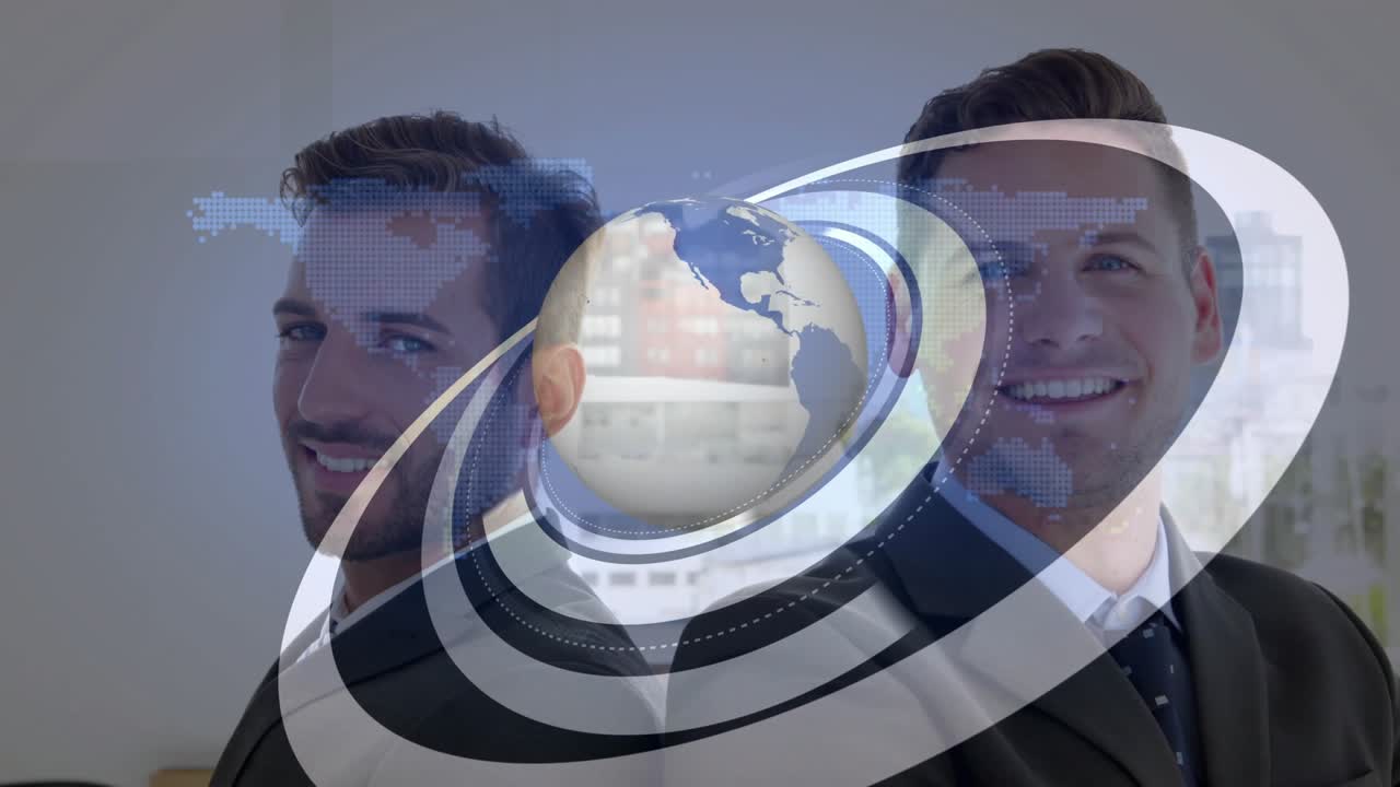 Team standing back-to-back causing ring morphing into spinning globe rings showing business network