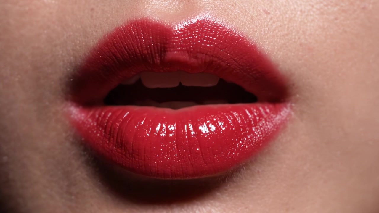 Showcasing the Allure of Glossy Red Lips: A Stunning Transformation from Gloss to Matte in Two Captivating Frames