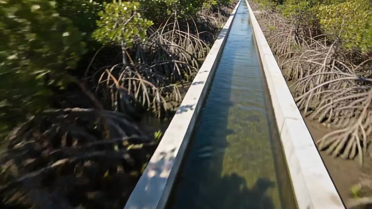 Caméra en mouvement glissant le long d'un canal en béton dans une mangrove, documentant l'eau peu profonde et les racines échasses.