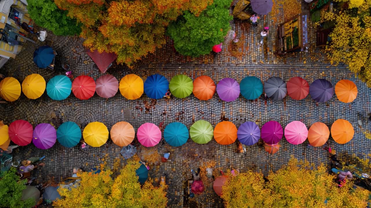 Aerial View of Vibrantly Colored Umbrellas and Autumn Foliage Creating a Stunning Overhead Scene of Seasonal Beauty and Charm