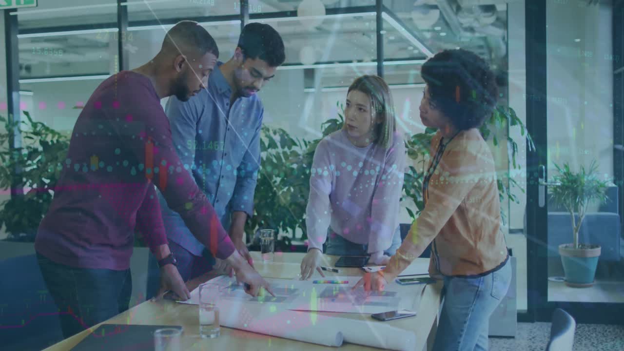 Animation of data processing over diverse business people discussing