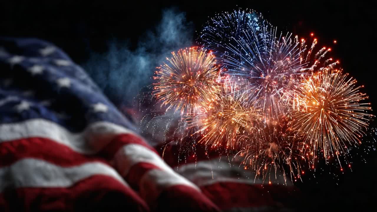 A Stunning Display of Colorful Fireworks Bursting in the Night Sky Alongside the Iconic American Flag, Celebrating Freedom and Unity Amidst a Festive Atmosphere