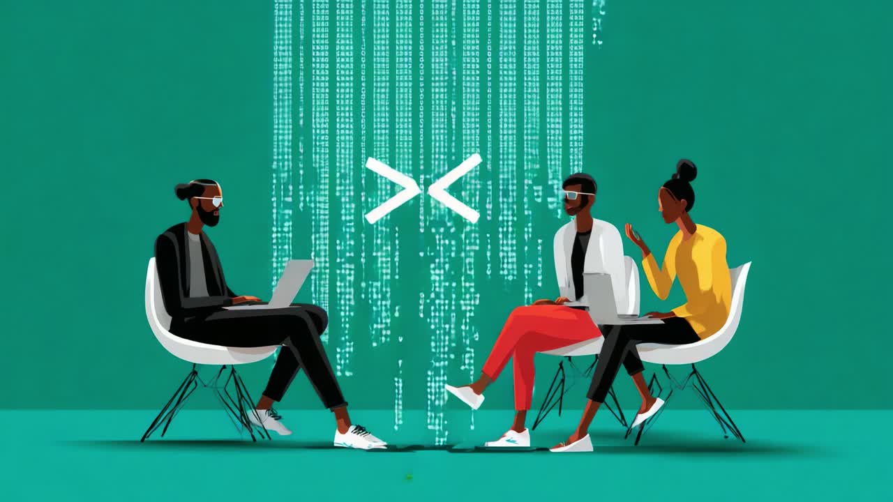 Engaging Discussion on Data and Technology: Three Individuals Share Insights While Analyzing Digital Information Flow in a Modern, Creative Environment