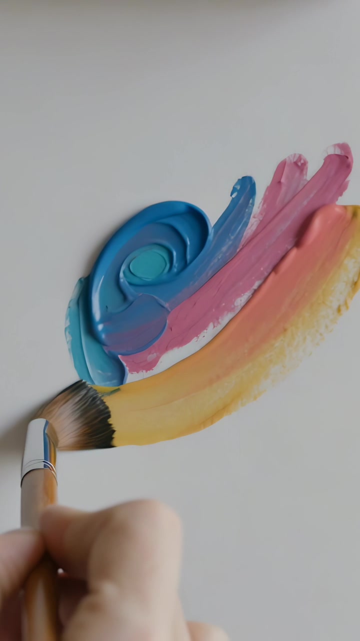 Video verticale: Mano che solleva un pennello a ventaglio di legno dal colore rosa e tira una pennellata su un supporto, mescolando i colori.