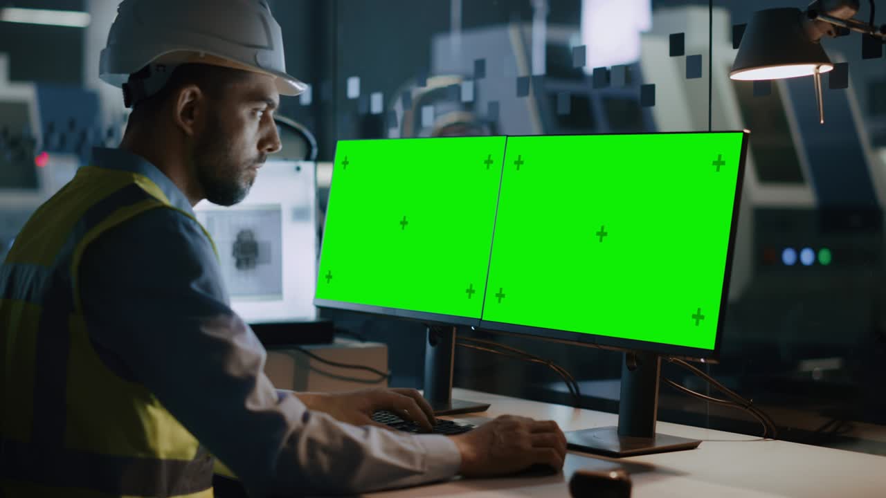 ingegnere che indossa giubbotto di sicurezza e hardhat lavora su un computer, due schermi di monitor mostrano schermate a chiave croma schermo verde. moderna fabbrica di produzione di elettronica ad alta tecnologia 4.0