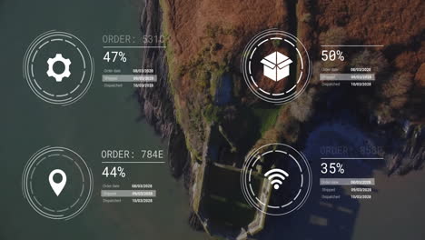 Animation of network of icons and data processing over landscape