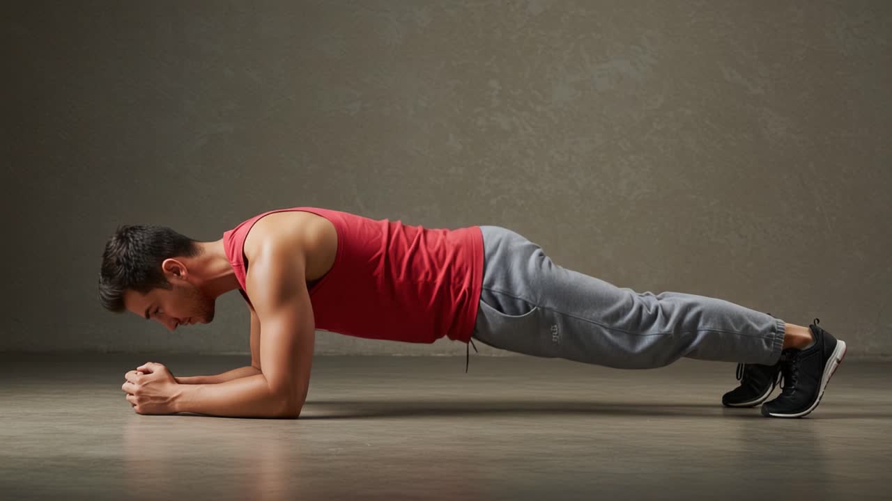 A Dedicated Fitness Enthusiast Engaging in a Plank Exercise to Build Core Strength and Enhance Overall Physical Stability and Endurance in a Minimalist Environment