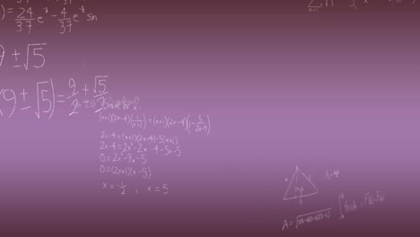 Animation-Mathematischer-Gleichungen-Und-Formeln,-Die-Vor-Einem-Violetten-Hintergrund-Mit-Farbverlauf-Schweben