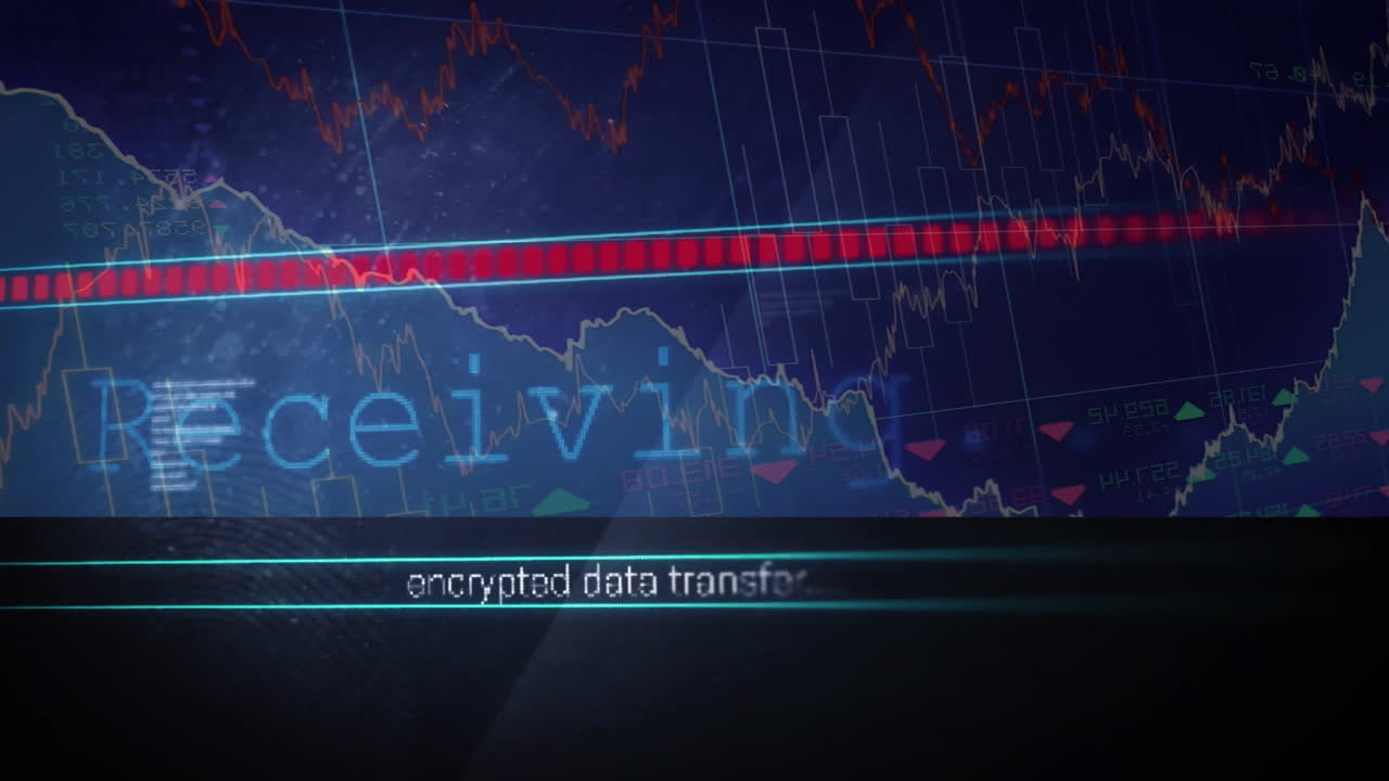 Financial graphs and encrypted data transfer text animation on digital screen