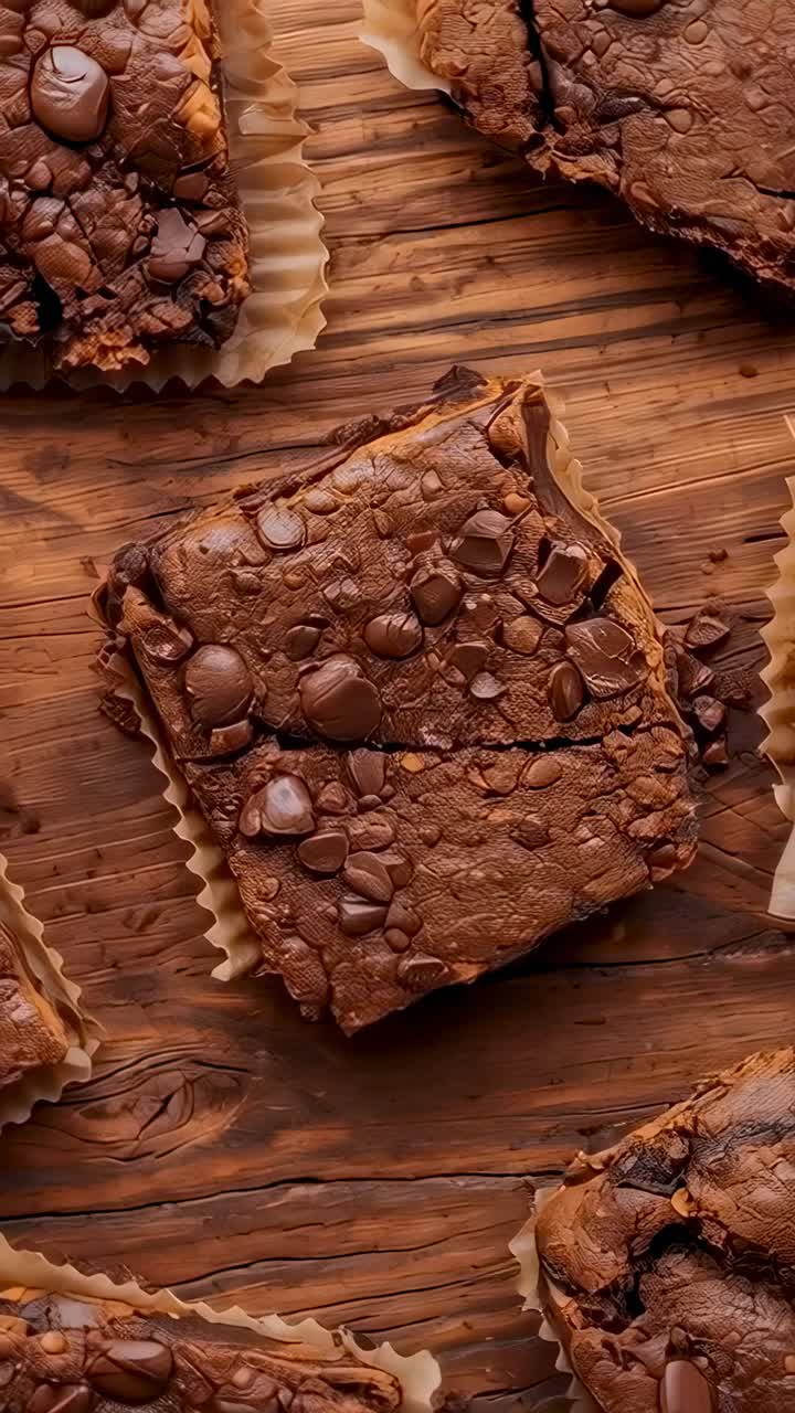 Vertical video: Panning camera showing brownie in liner on wood board revealing crumbs and chips