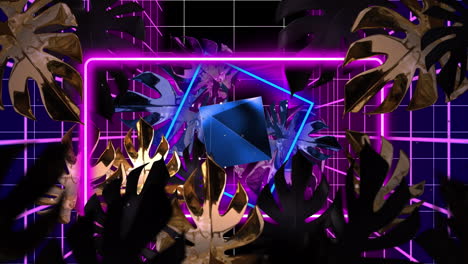 animación de hojas y formas de neón que se mueven sobre un fondo negro.