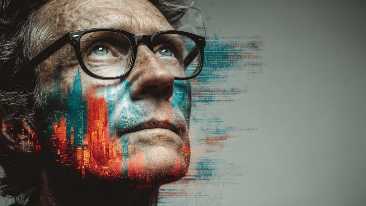 A Thoughtful Portrait of a Man with Abstract Urban Elements: Exploring the Fusion of Human Emotion and Digital Artistry in a Stunning Imagery